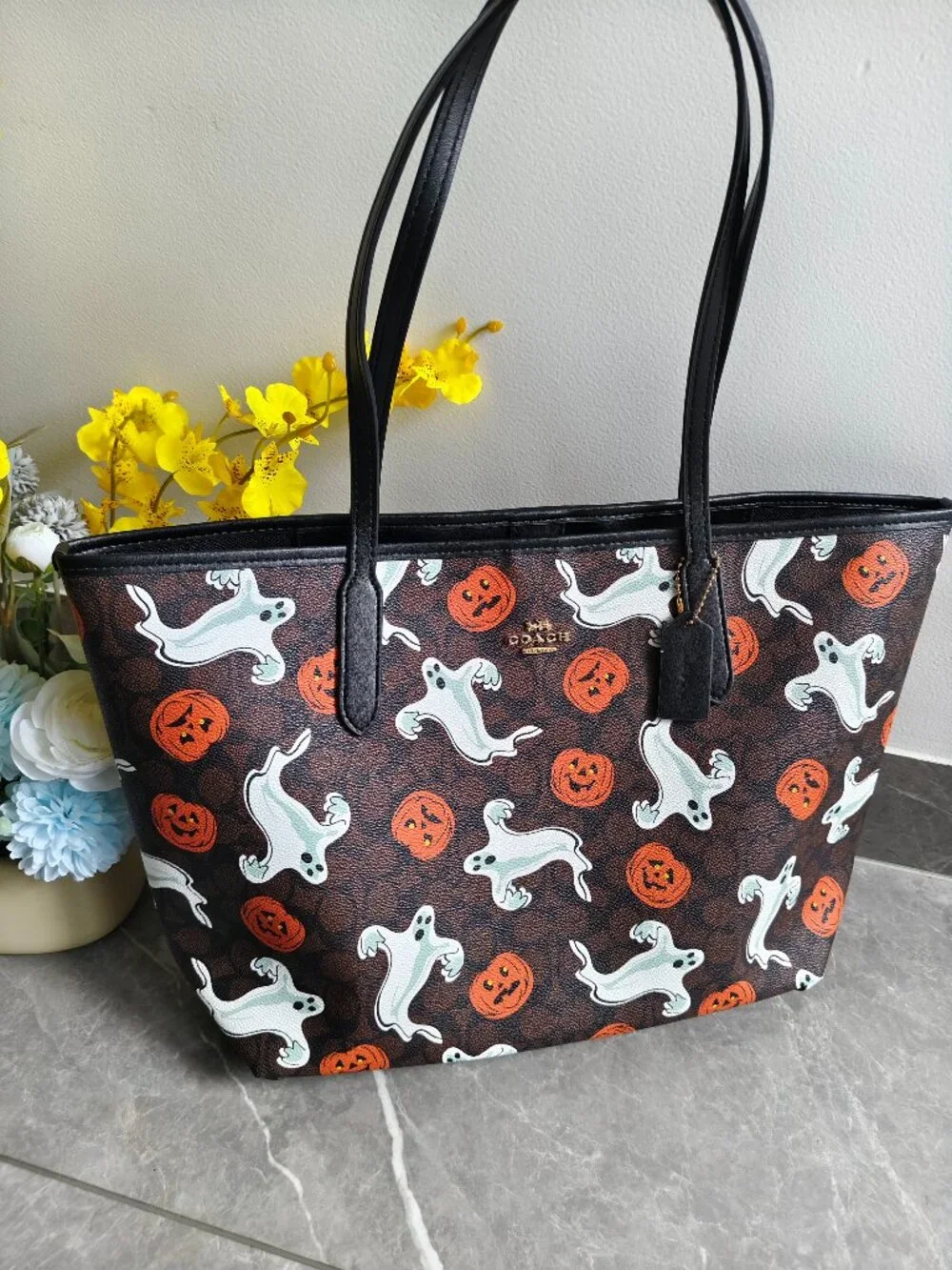 🎃Coach Brown Signature Tote with Orange Pumpkins & White Ghosts